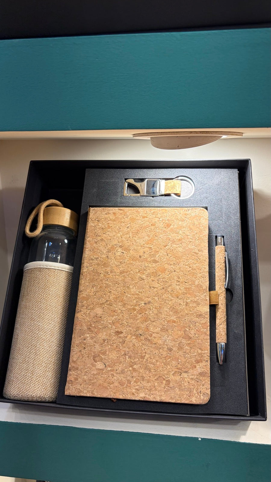 Steel bottle, cork notebook and wood coaster corporate gift set