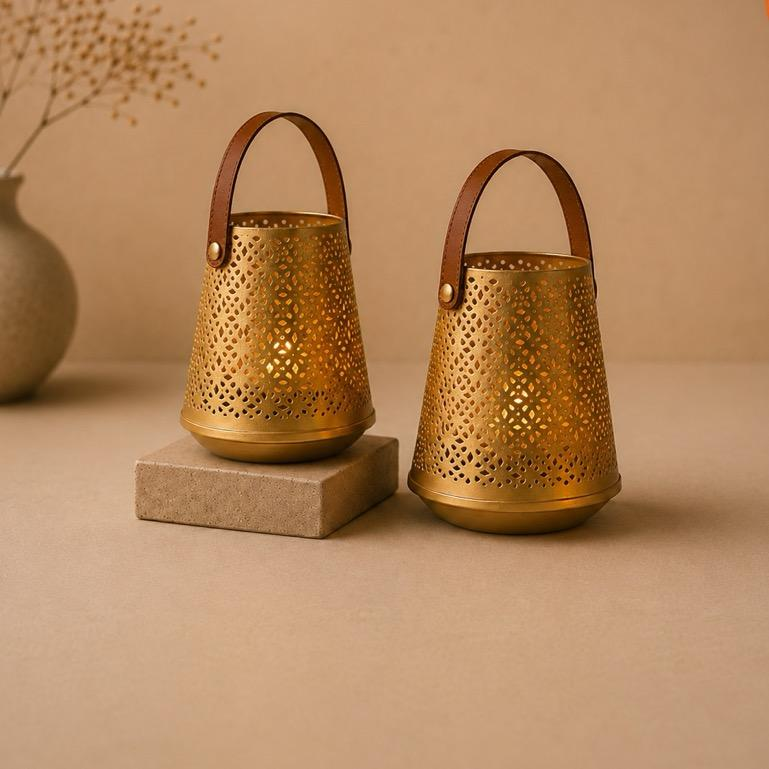 Kandeel leather-handled Jaali lantern pair, a corporate Diwali gift