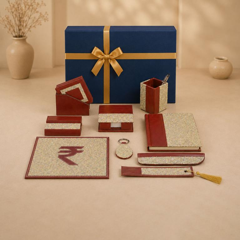 Executive desk hamper with leather-bound stationery for client gifting