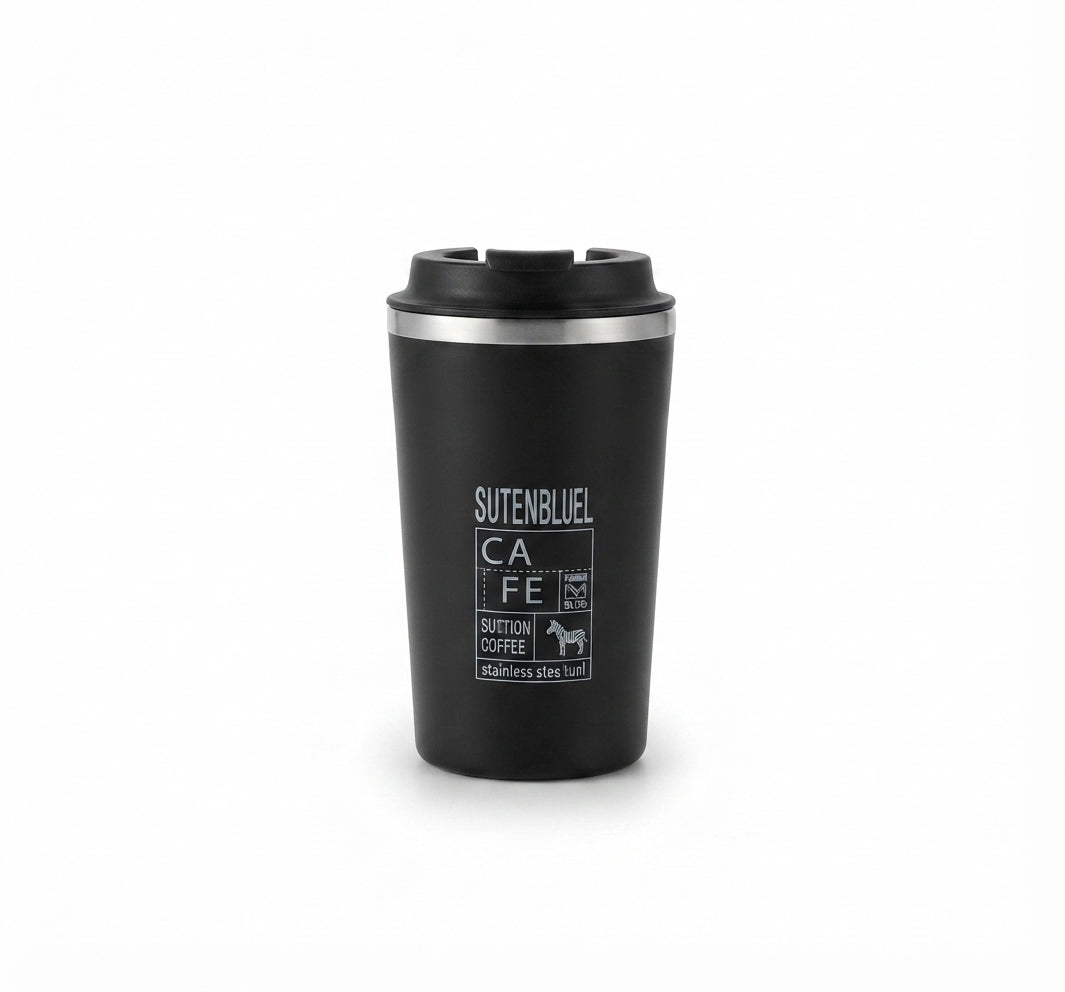 Vacuum insulated corporate coffee mug with lid, branded for bulk corporate gifting