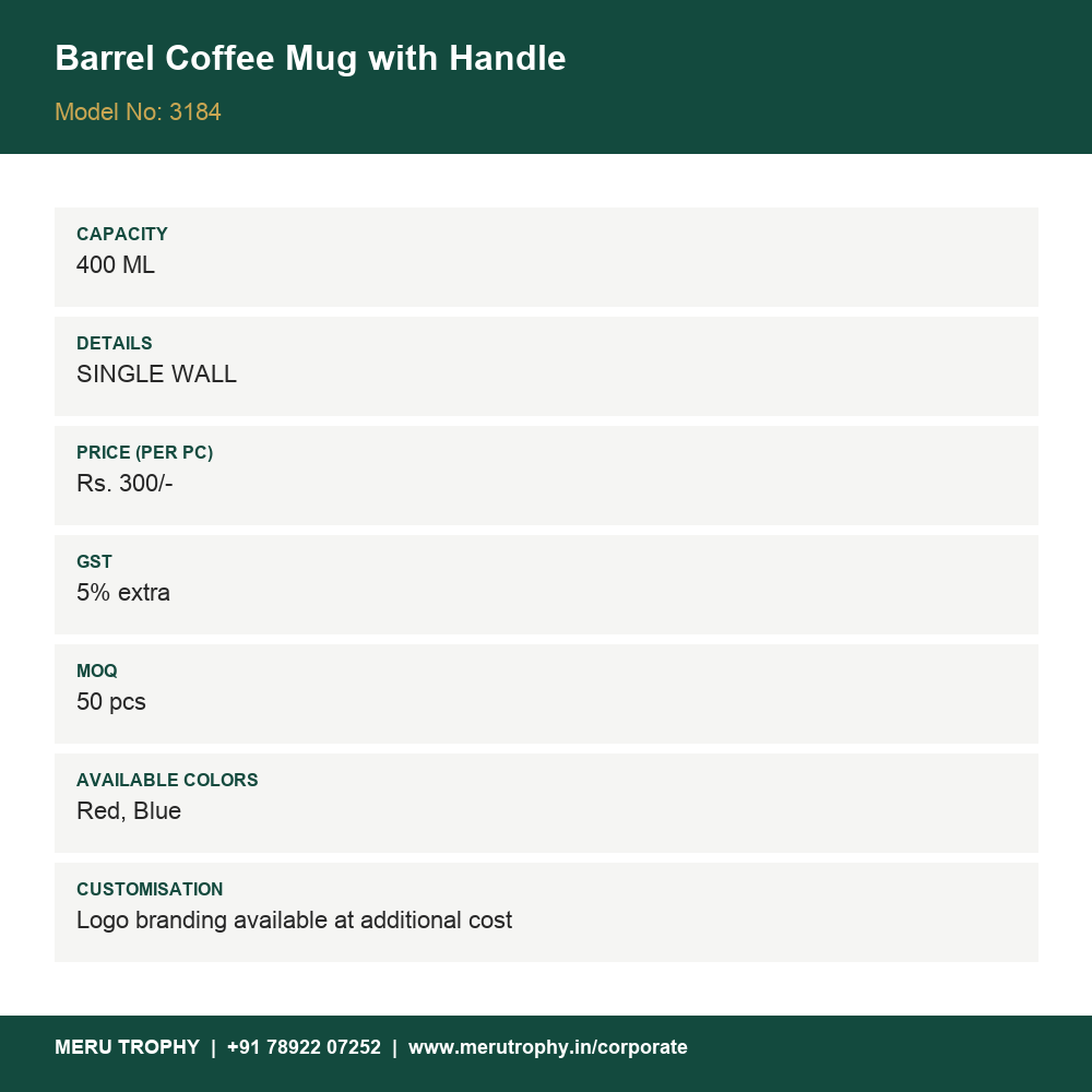 Barrel Coffee Mug with Handle - product details card - Meru Trophy corporate gifting