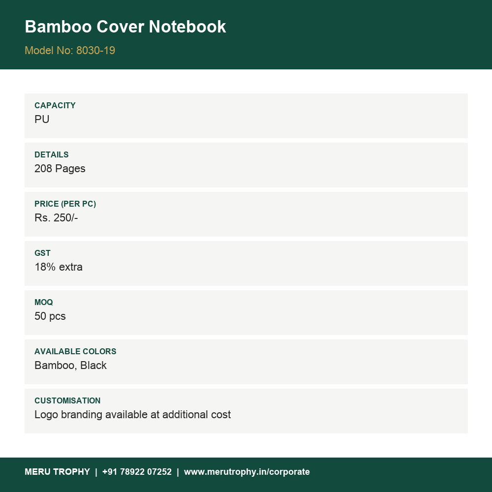 Bamboo Cover Notebook - spec card - Meru Trophy corporate gifting