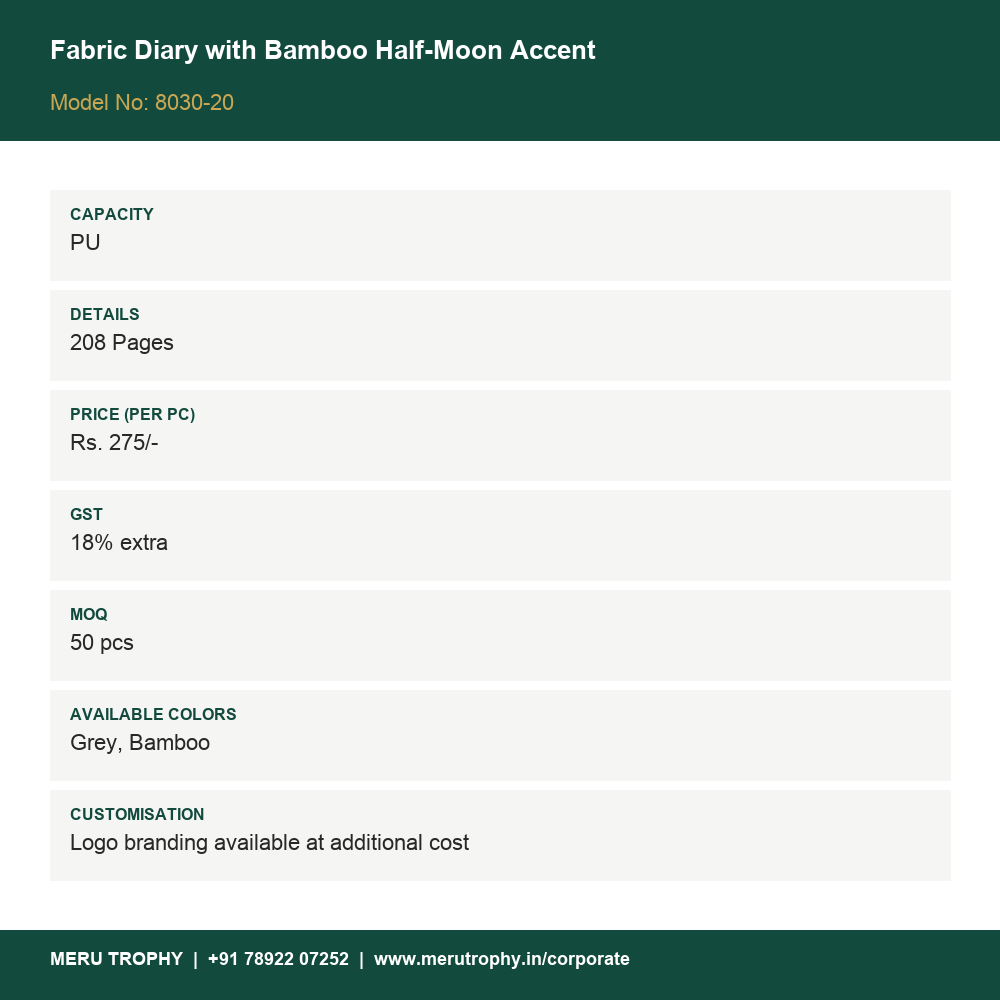 Fabric Diary with Bamboo Half-Moon Accent - spec card - Meru Trophy corporate gifting