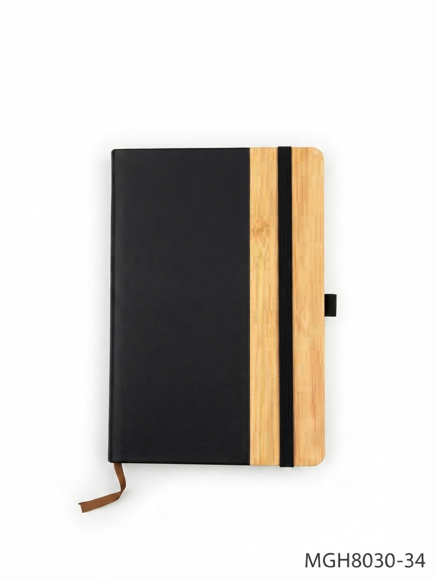 PU Notebook with Bamboo Strip - Black - Meru Trophy corporate gifting