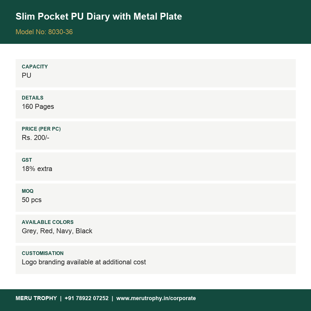 Slim Pocket PU Diary with Metal Plate - product detail card - Meru Trophy corporate gifting