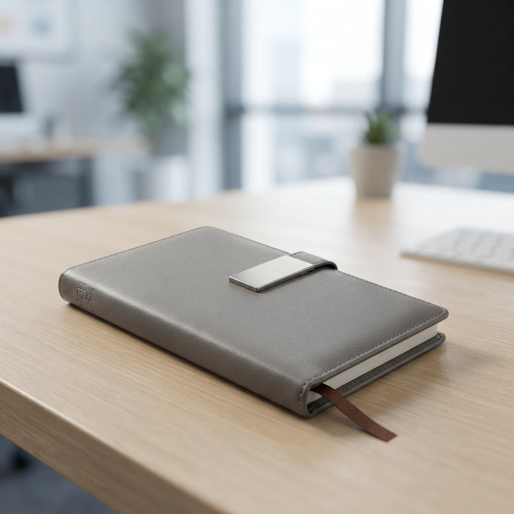 Slim Pocket PU Diary with Metal Plate - lifestyle desk shot - Meru Trophy corporate gifting