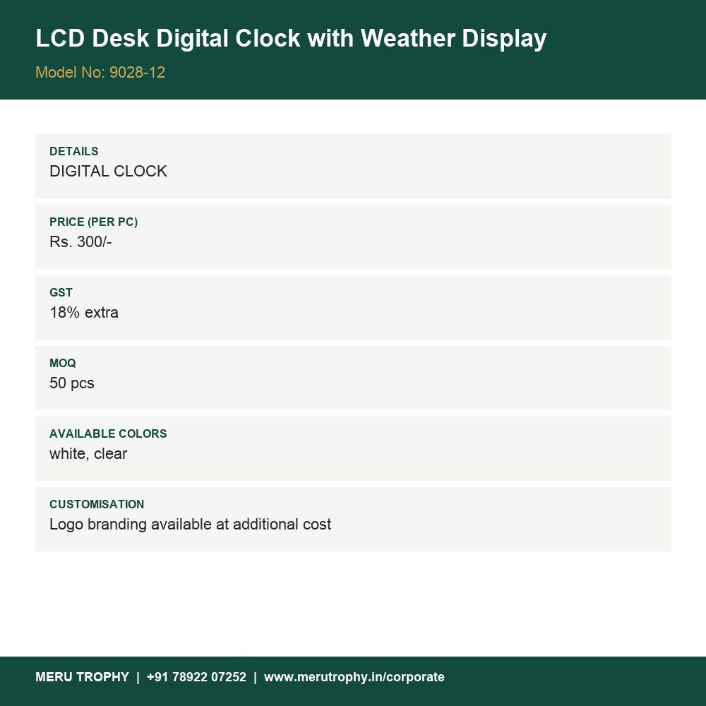 LCD Desk Digital Clock with Weather Display - product details card - Meru Trophy corporate gifting