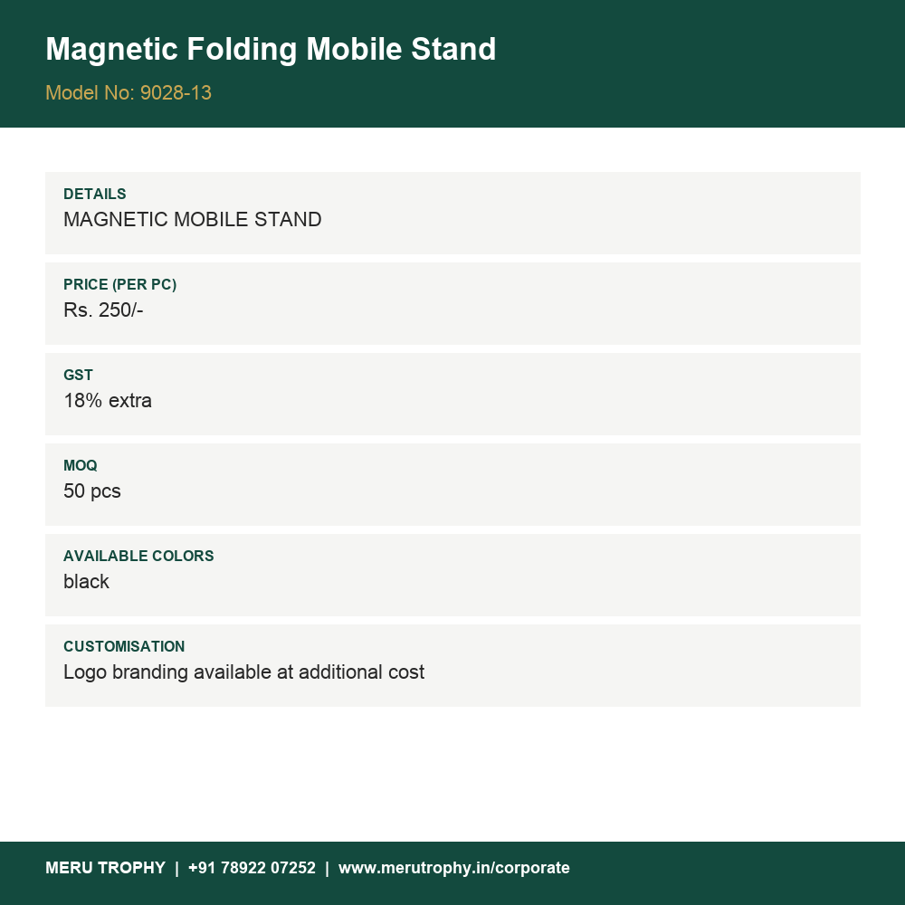 Magnetic Folding Mobile Stand - product details card - Meru Trophy corporate gifting
