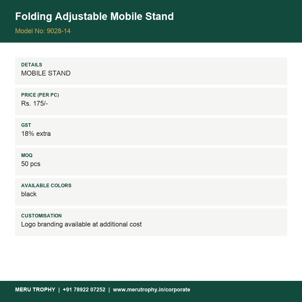 Folding Adjustable Mobile Stand - product details card - Meru Trophy corporate gifting