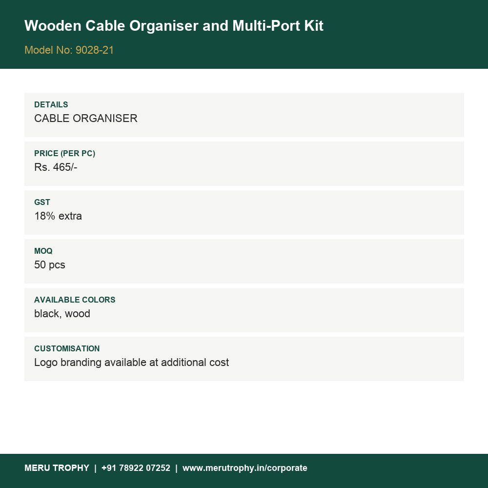 Wooden Cable Organiser and Multi-Port Kit - product details card - Meru Trophy corporate gifting