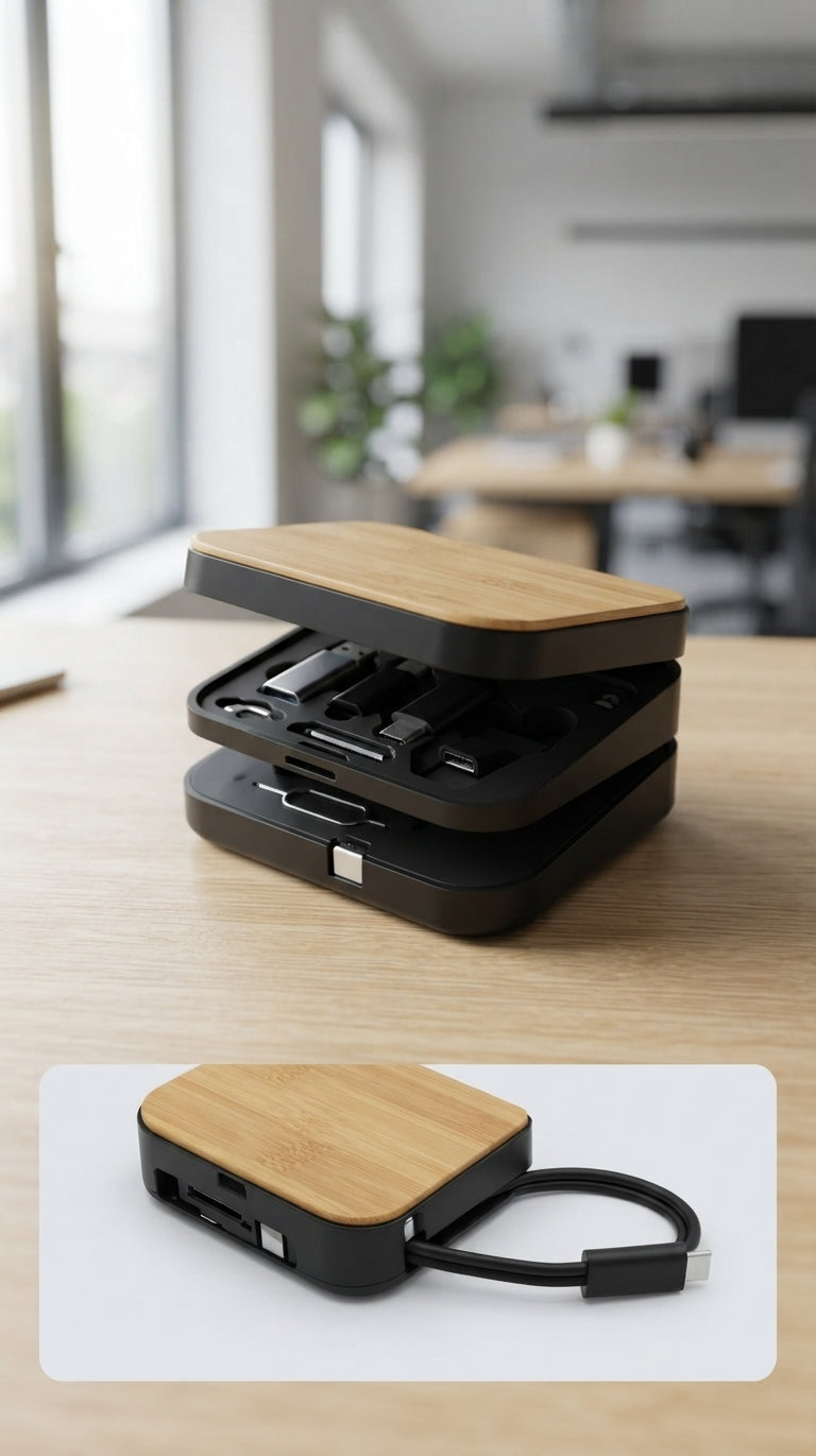 Wooden Cable Organiser and Multi-Port Kit - lifestyle - Meru Trophy corporate gifting
