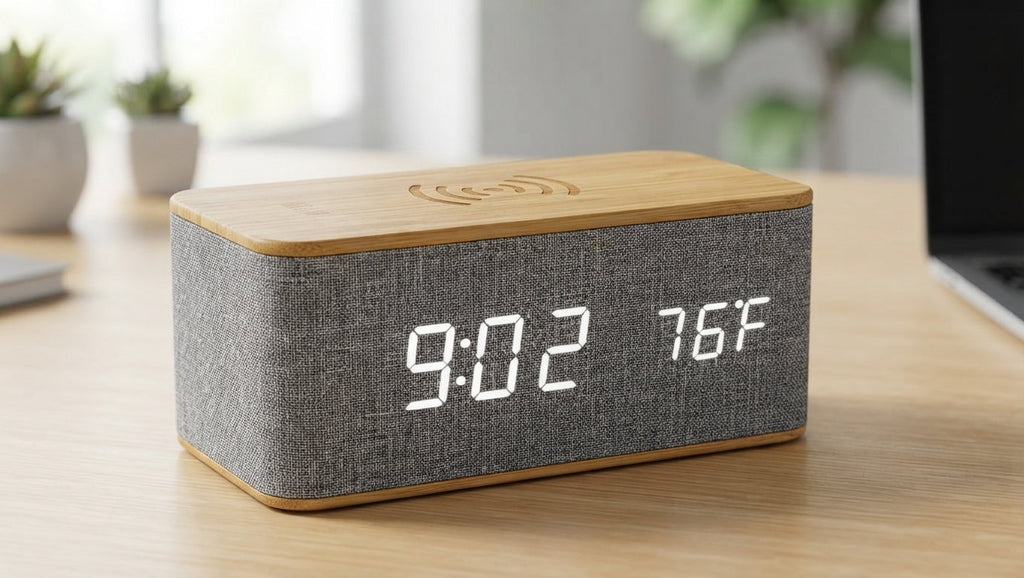 Bamboo Digital Clock with Wireless Charging and Fabric Face - lifestyle - Meru Trophy corporate gifting