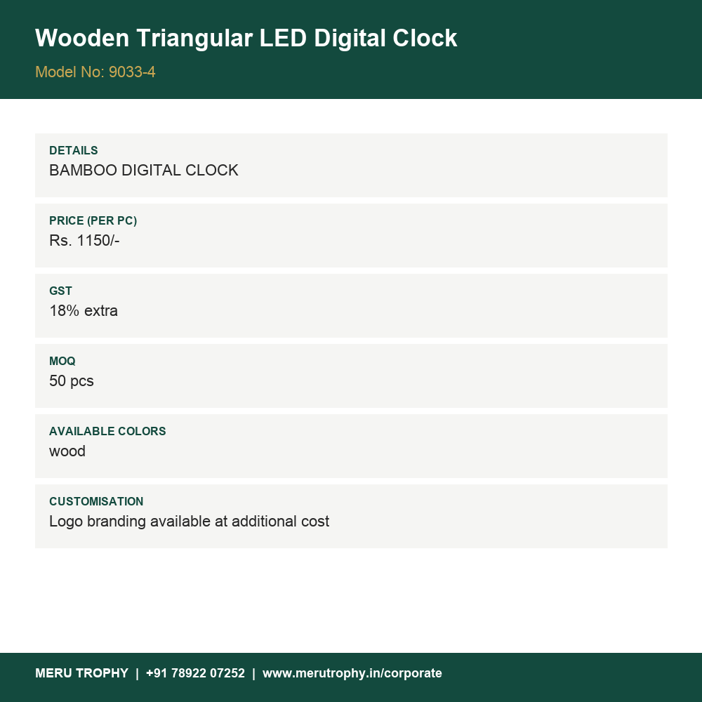 Wooden Triangular LED Digital Clock - product details card - Meru Trophy corporate gifting