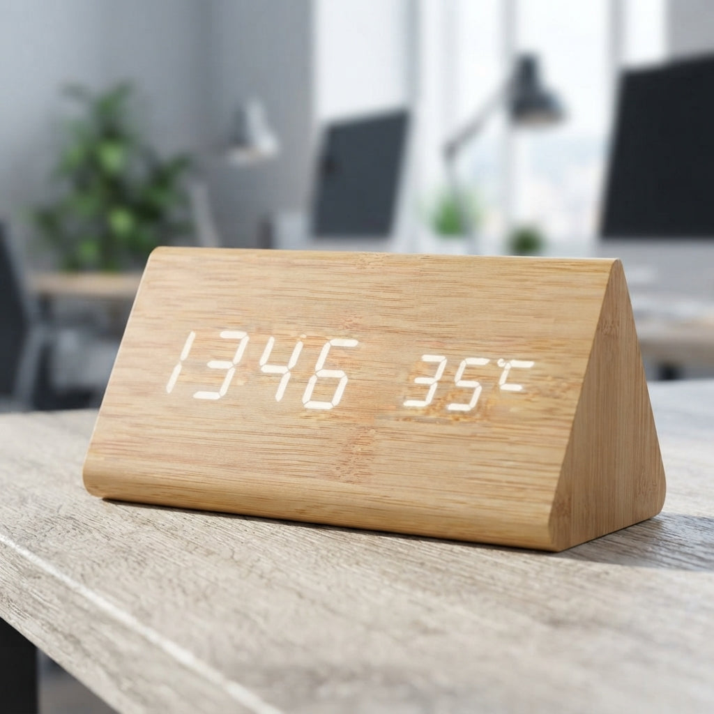 Wooden Triangular LED Digital Clock - lifestyle desk shot - Meru Trophy corporate gifting