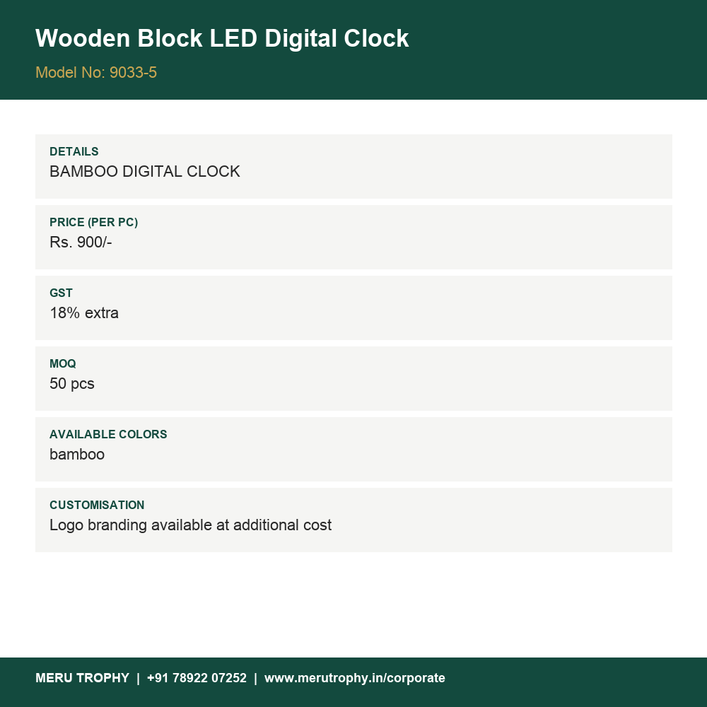 Wooden Block LED Digital Clock - product details card - Meru Trophy corporate gifting