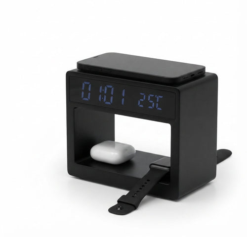 5-in-1 Bamboo Wireless Charger with Clock and Night Light - Black - Meru Trophy corporate gifting
