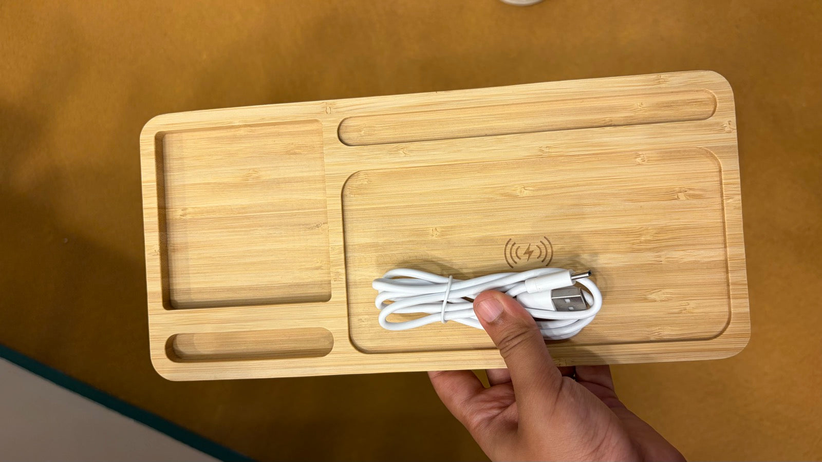 Bamboo Desktop Wireless Charger Storage Tray