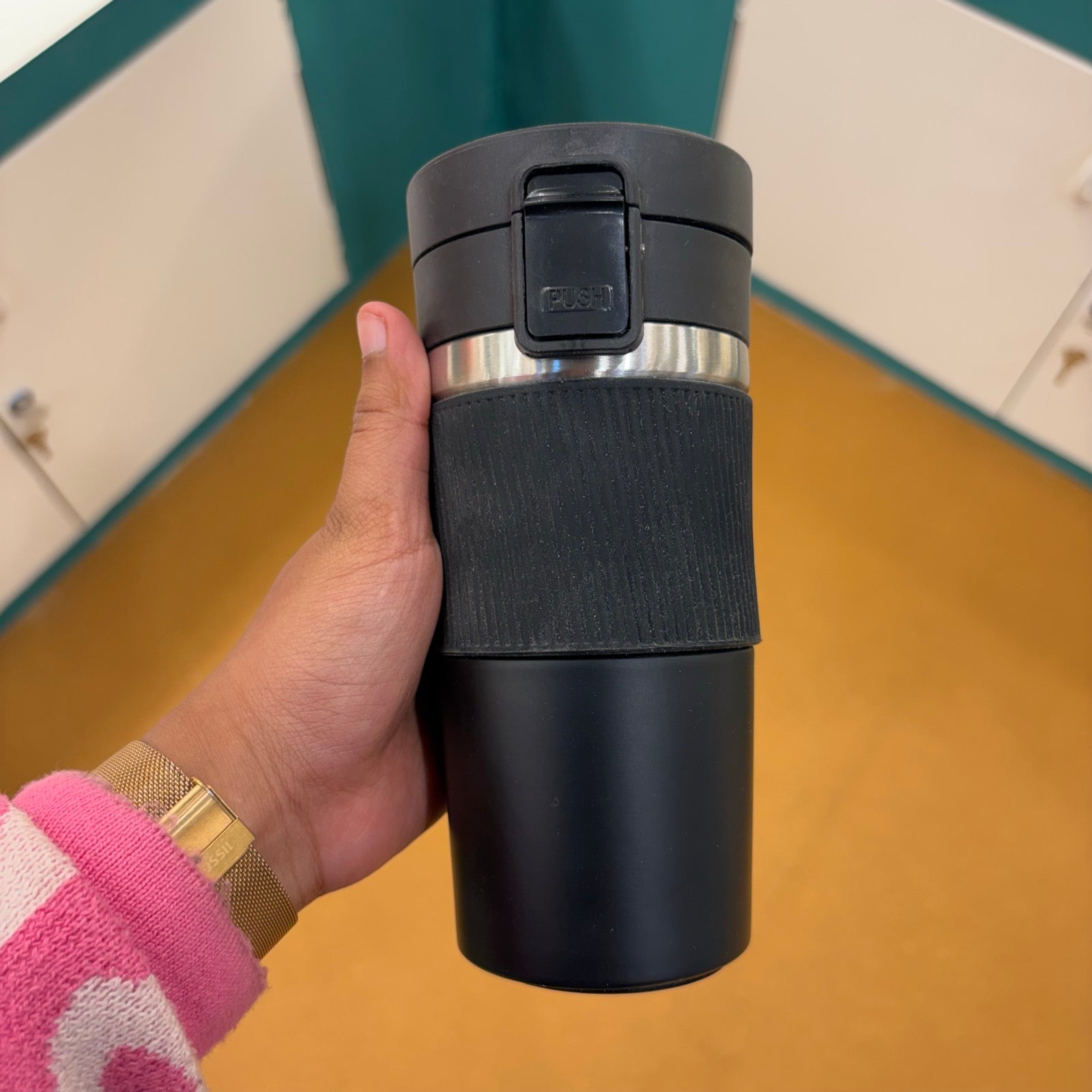 Compact Coffee Tumbler with Flip Lid - Black - real product photo