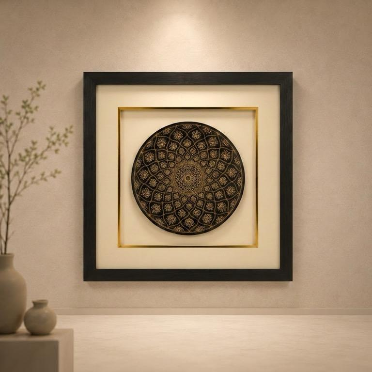 Bidri Silver Inlaid Disc Framed Wall Art, handcrafted Bidar Art