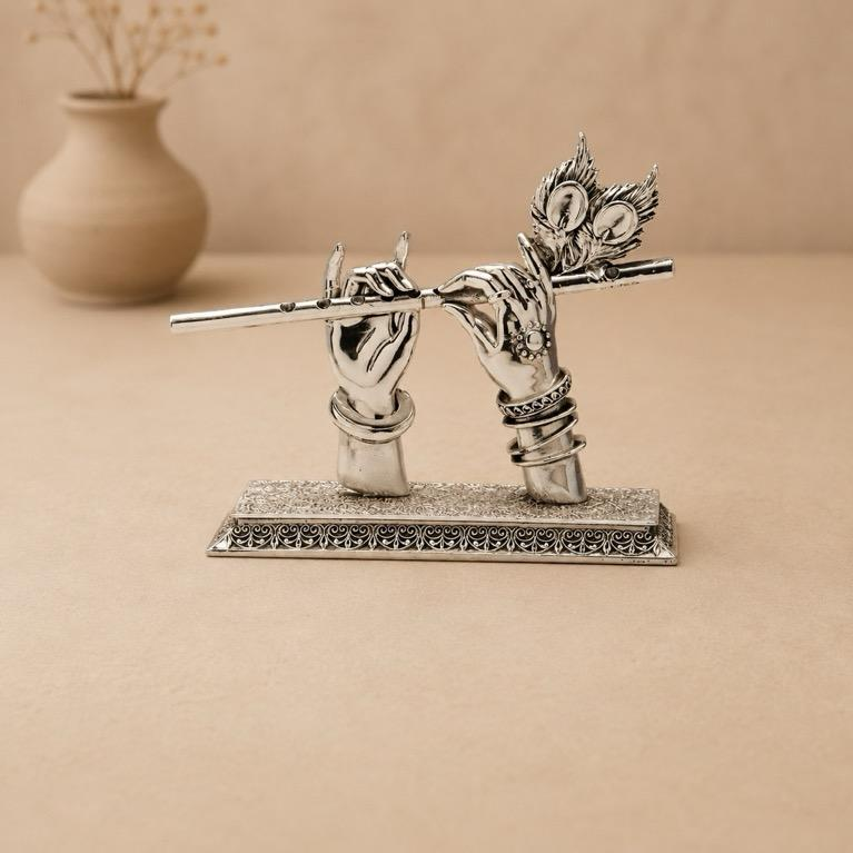 Murlimanohar silver finish Krishna hands with flute showpiece, handcrafted metal craft