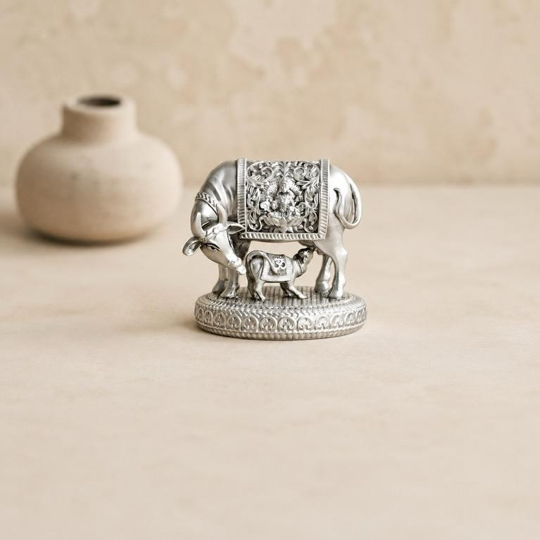 Rajat Kamdhenu silver finish cow and calf showpiece, handcrafted metal craft