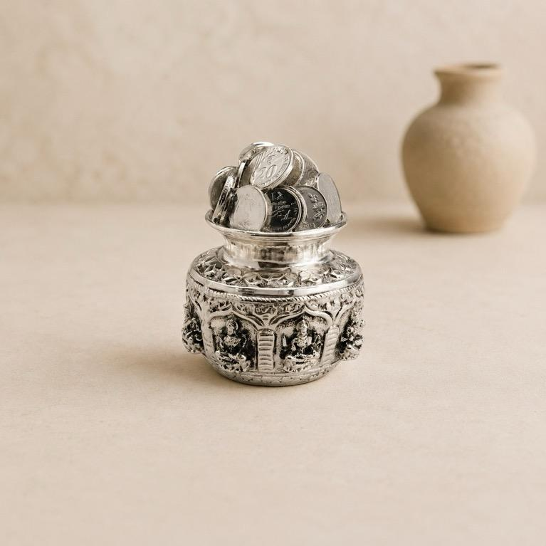 Dhan Manjusha silver finish coin pot showpiece, handcrafted metal craft
