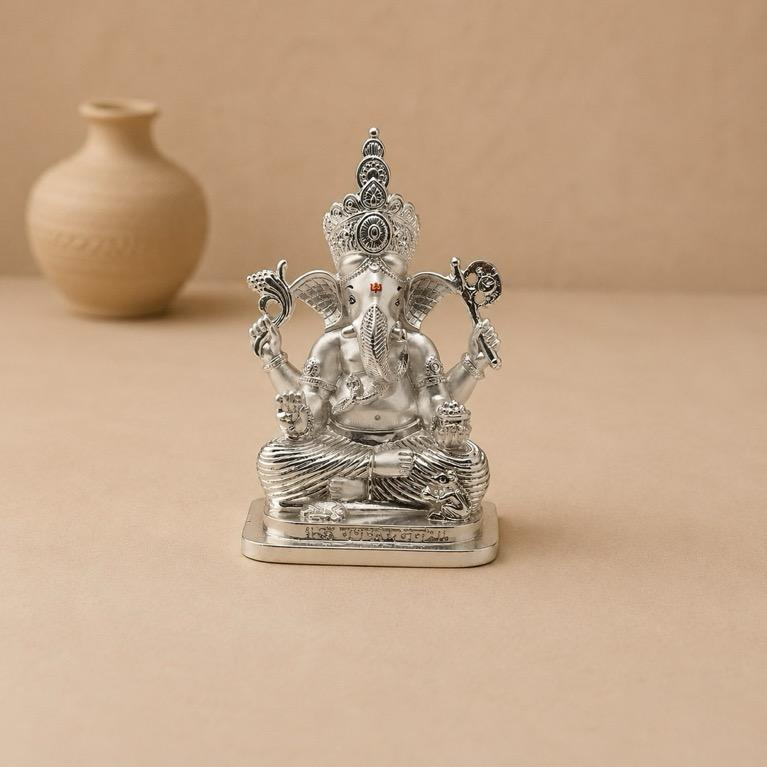 Siddhivinayak silver finish Ganesh idol, handcrafted premium metal craft