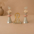 Mangal Ganapatil hamper, handcrafted metal peacock samai lamp and glass Ganesh idol