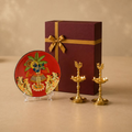 Gopal Utsav hamper, handcrafted metal lamp and Pichwai art plate