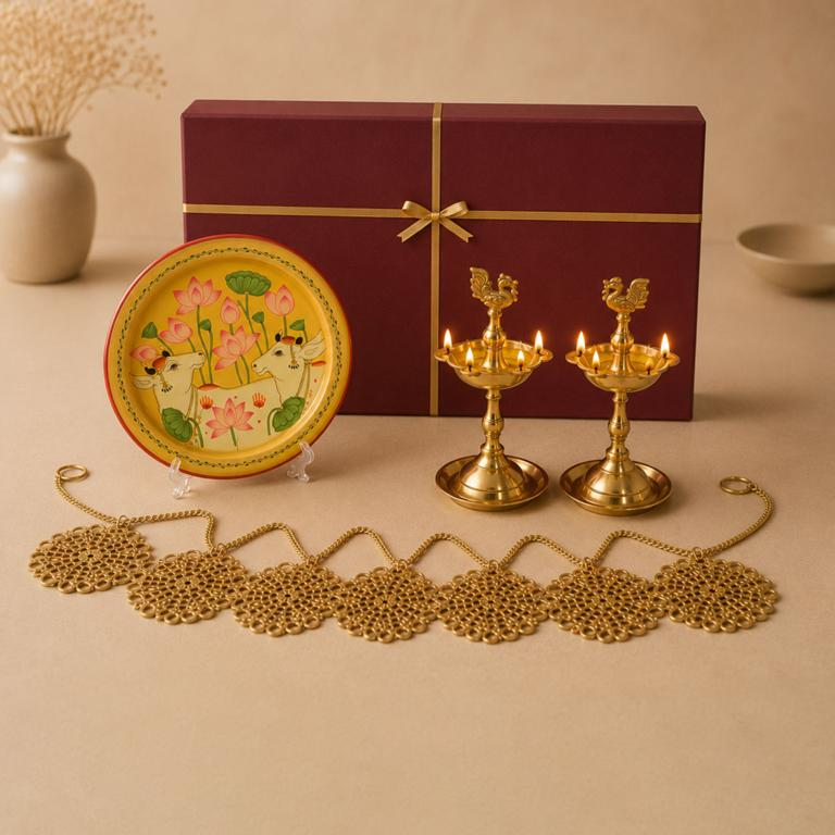 Roshni Riwaayat Festive Lamp Pichwai Art Hamper, handcrafted metal craft and Pichwai art