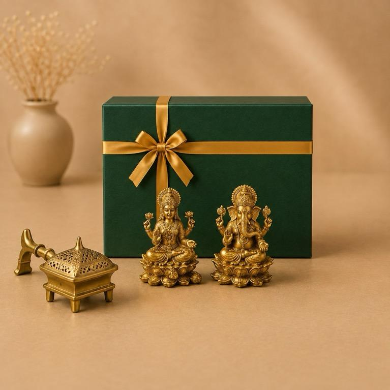 Aaradhana Sugandh brass Lakshmi Ganesha puja set, handcrafted metal craft