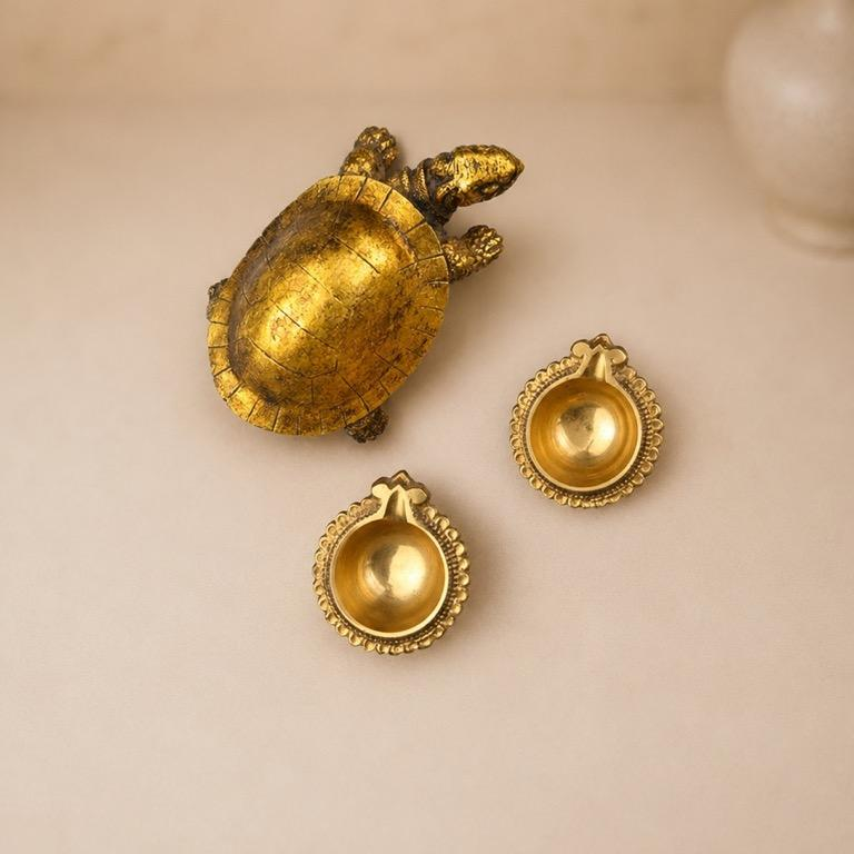 Saubhagya Resin Tortoise Brass Diya Set, handcrafted resin and metal craft