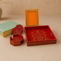 Kishangarh Griha Hand-Painted Tray, Coaster and Frame Set, handcrafted Kishangarh painting