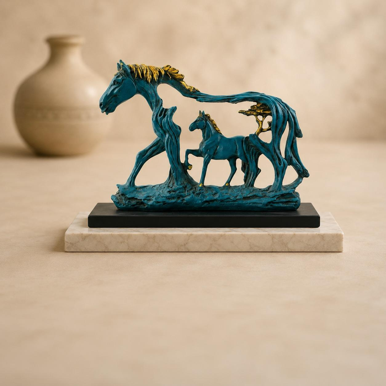 Resin Horse with Foal Sculpture Teal, handcrafted resin