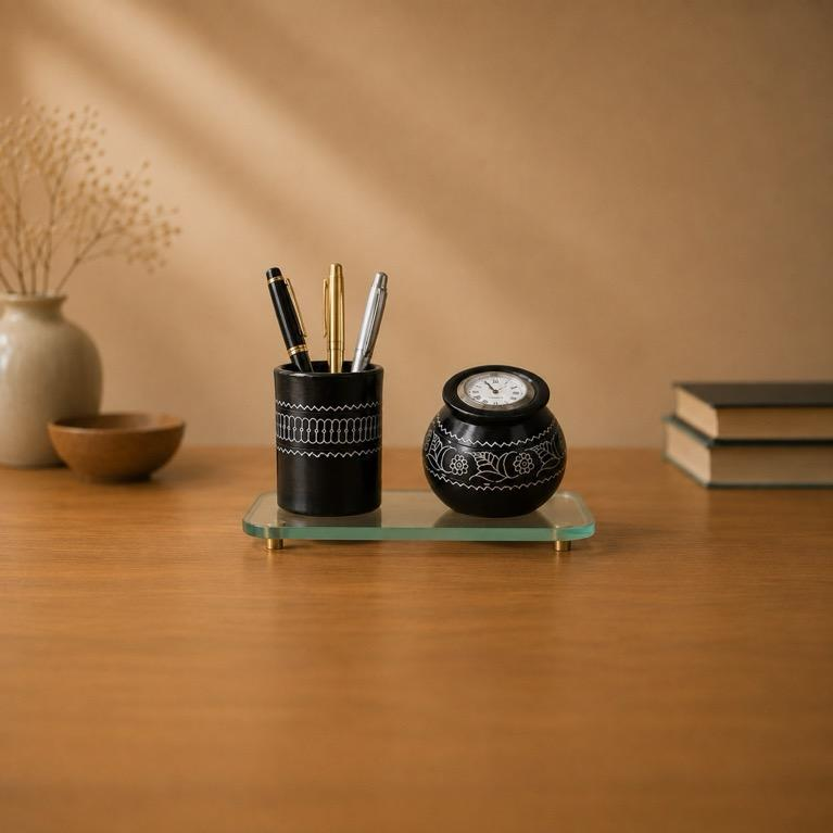 Samay Desk Set, handcrafted black pottery pen holder and clock