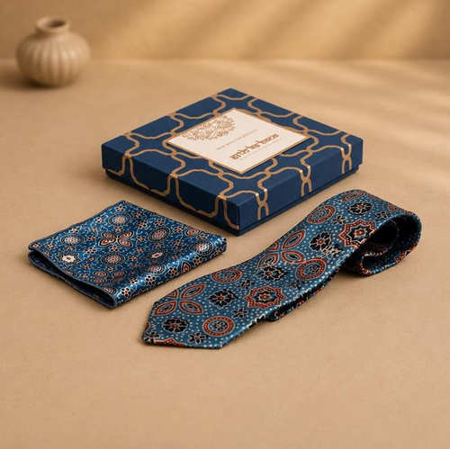 Ajrakh Saaj Tie & Pocket Square Set, handcrafted Ajrakh print