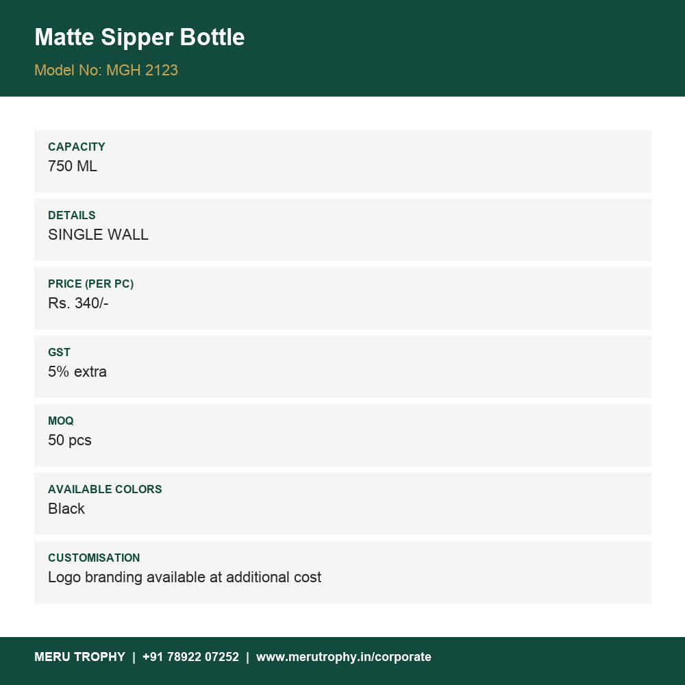 Matte Sipper Bottle - product details card - Meru Trophy corporate gifting