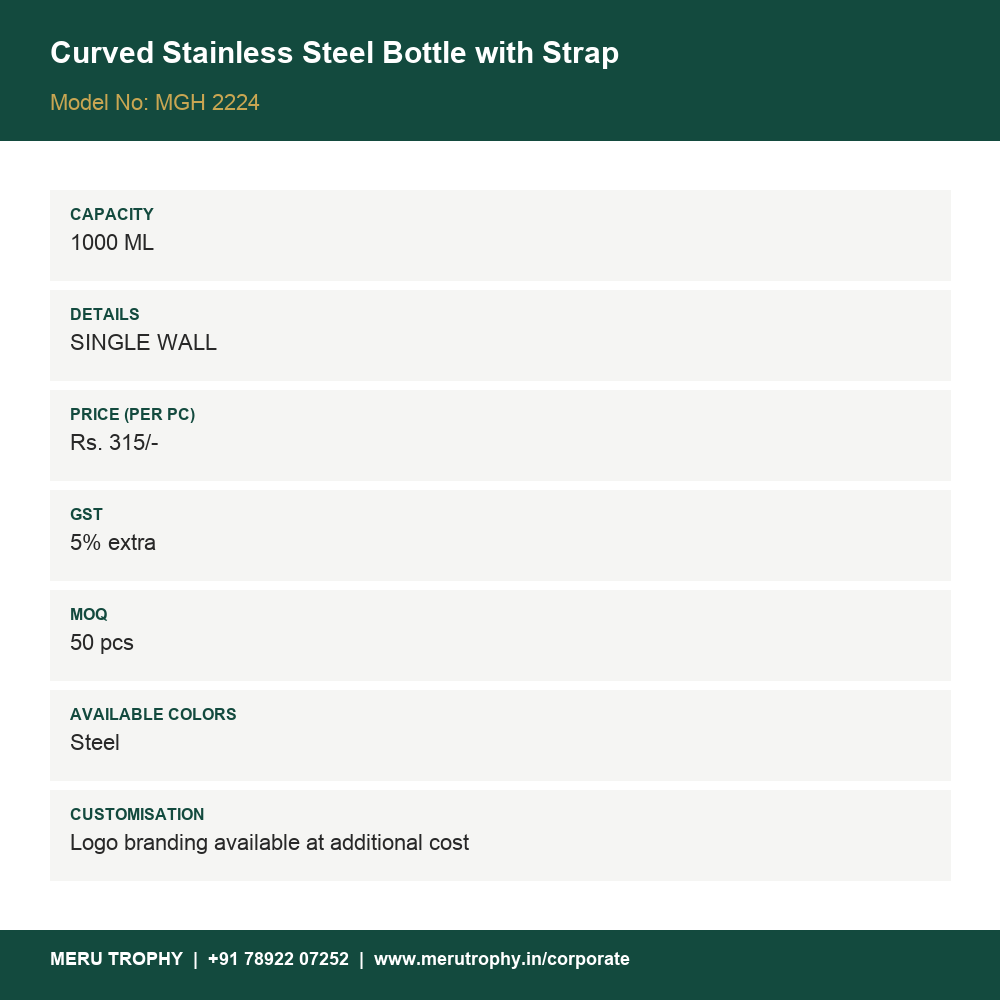 Curved Stainless Steel Bottle with Strap - spec card - Meru Trophy corporate gifting