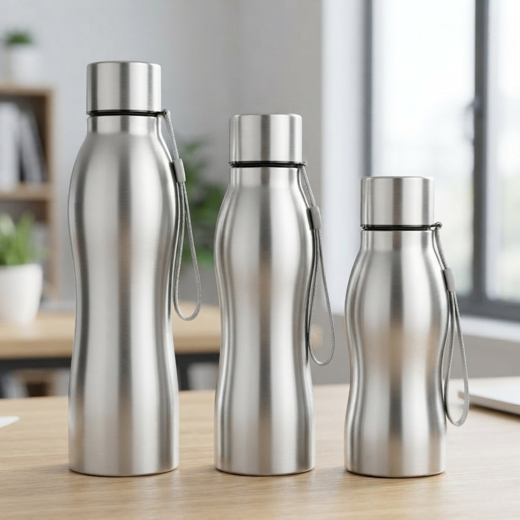 Curved Stainless Steel Bottle with Strap - lifestyle - Meru Trophy corporate gifting