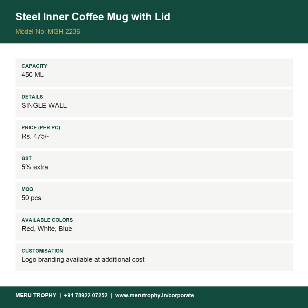 Steel Inner Coffee Mug with Lid - product details card - Meru Trophy corporate gifting