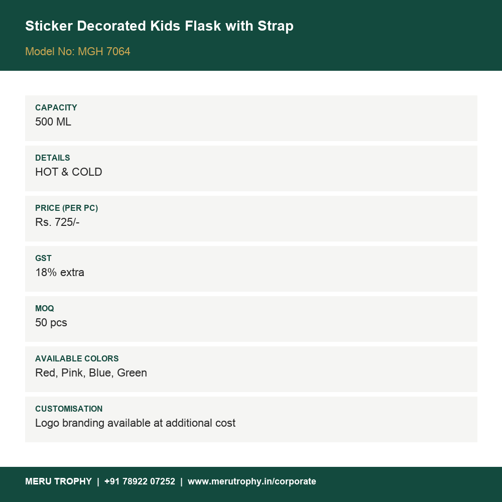 Sticker Decorated Kids Flask - spec card - Meru Trophy corporate gifting