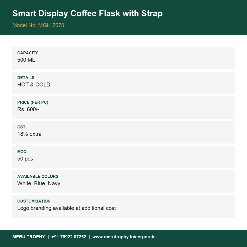 Smart Display Coffee Flask with Strap - product details - Meru Trophy corporate gifting