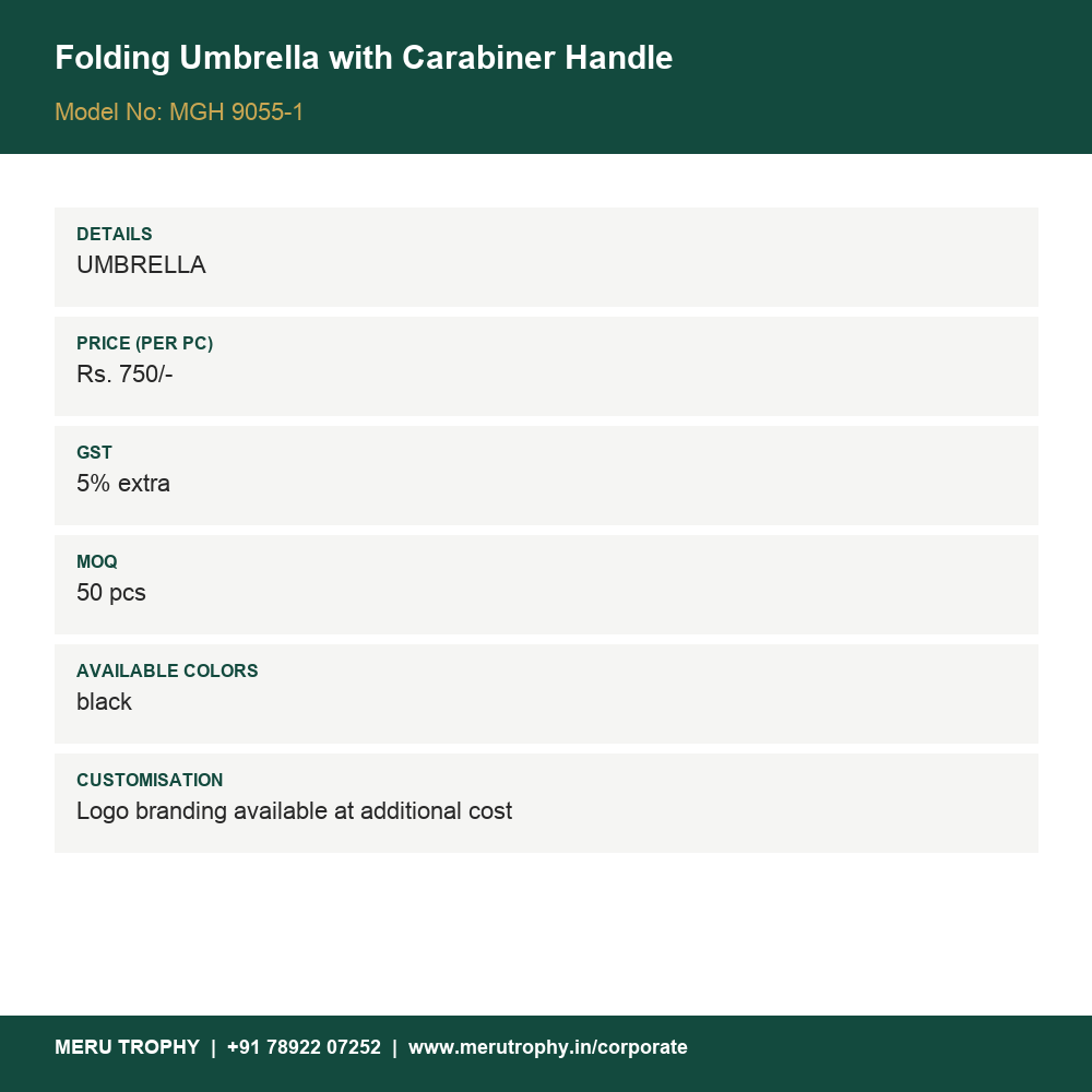 Folding Umbrella with Carabiner Handle - product details card - Meru Trophy corporate gifting