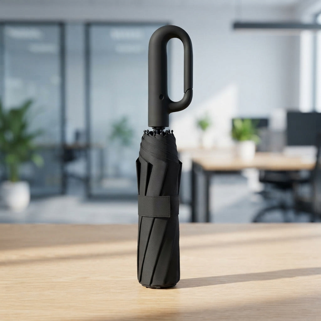 Folding Umbrella with Carabiner Handle - lifestyle desk shot - Meru Trophy corporate gifting