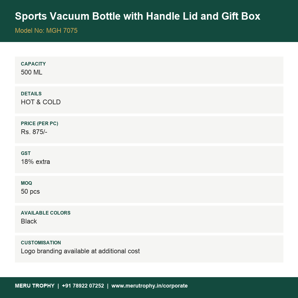 Sports Vacuum Bottle with Handle Lid and Gift Box - spec card - Meru Trophy corporate gifting