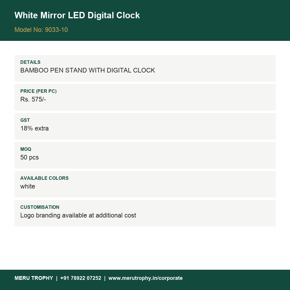 White Mirror LED Digital Clock - product details card - Meru Trophy corporate gifting