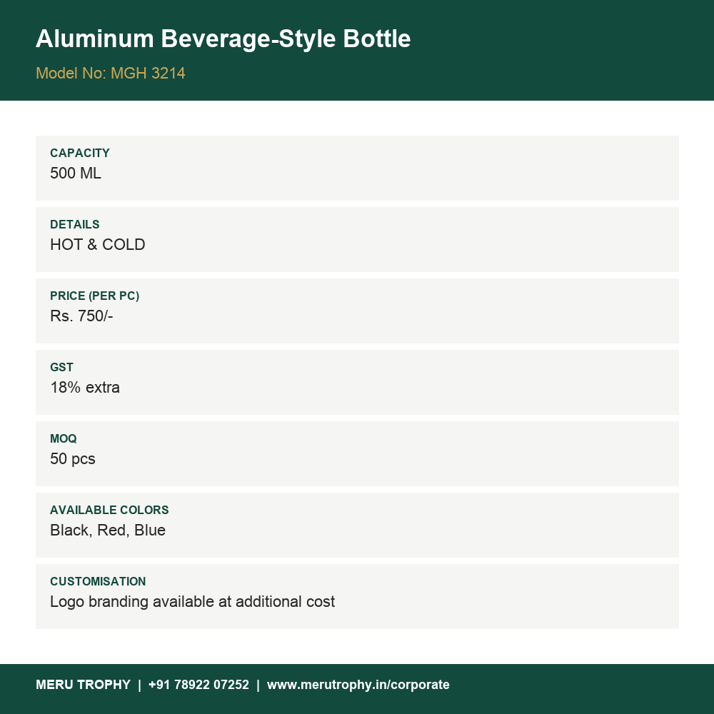 Aluminum Beverage-Style Bottle - lifestyle desk shot - Meru Trophy corporate gifting