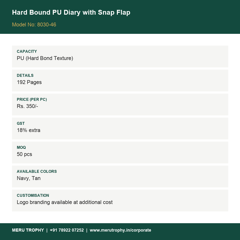 Hard Bound PU Diary with Snap Flap - product details card - Meru Trophy corporate gifting