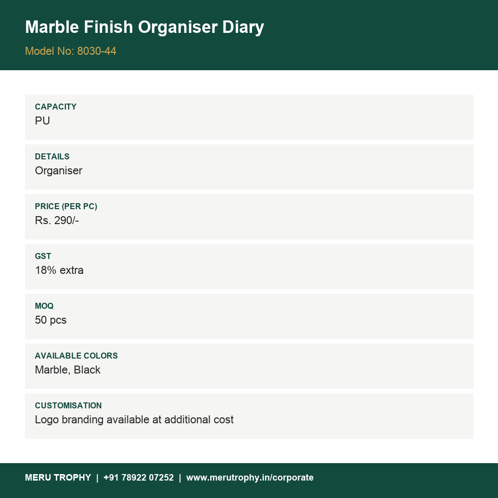 Marble Finish Organiser Diary - product details card - Meru Trophy corporate gifting