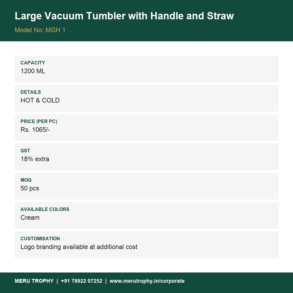 Large Vacuum Tumbler with Handle and Straw - product details card - Meru Trophy corporate gifting